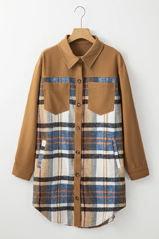 Blue Zone Planet |  Khaki Plaid Patchwork Long Sleeve Shirt Mini Dress