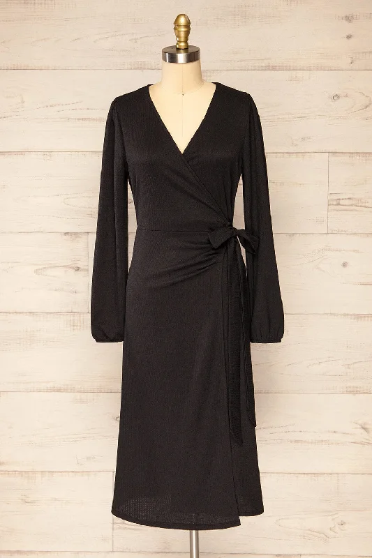 Belfort Black | Textured Wrap Midi Dress w/ Long Sleeves