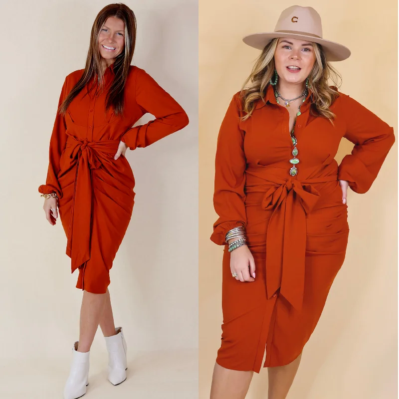 Last Chance Size Small & Medium | Heart On The Line Button Up Ruched Front Midi Dress with Waist Tie in Rust Orange