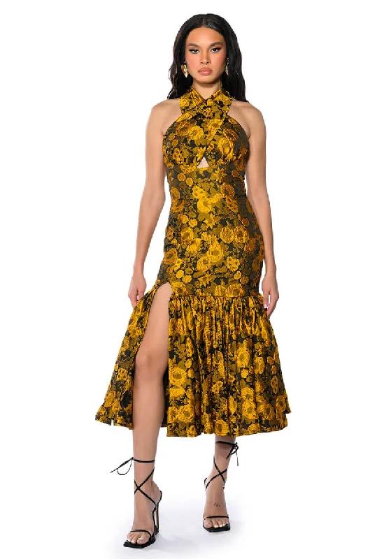 CHA CHA BROCADE HALTER NECK MIDI DRESS