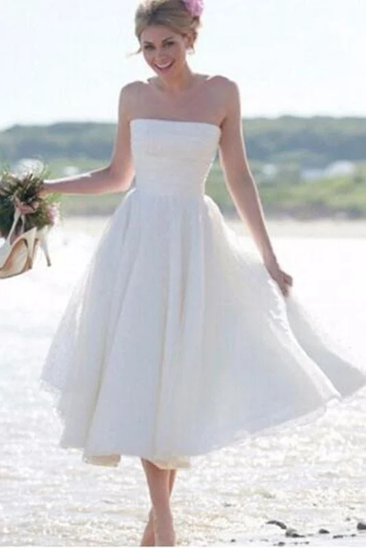 Simple Strapless A Line Tea Length Short Ivory Summer Beach/Coast Wedding Dresses DM269