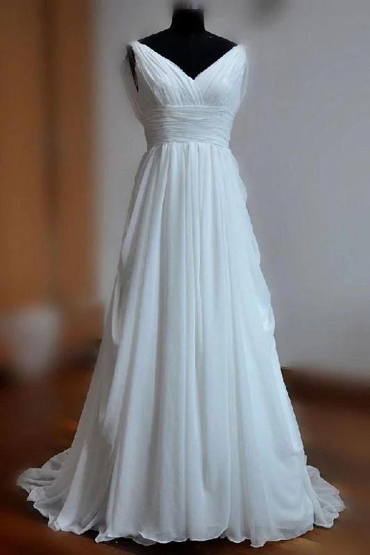 Simple White A-line V-neck Backless Sweep Train Chiffon Cheap Beach Wedding Dresses DM219