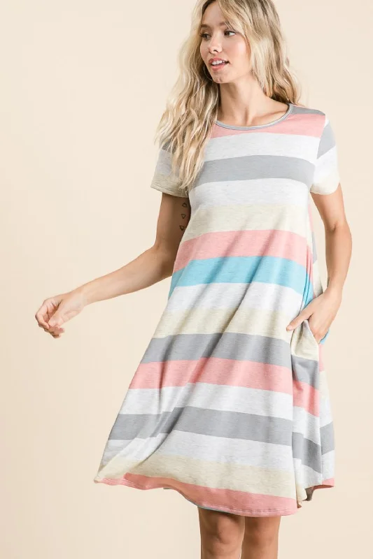 Striped Short Sleeve Dress with Pockets