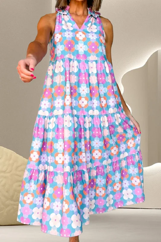 Frill Printed Notched Sleeveless Dress