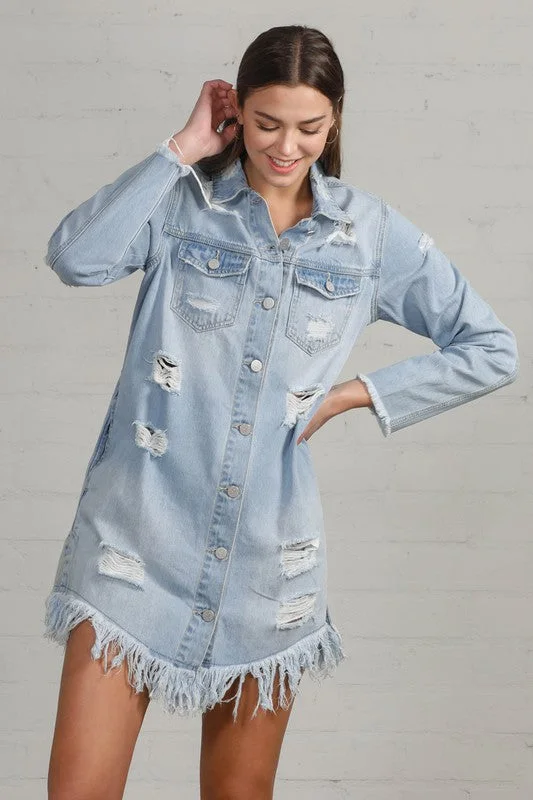 Heavy Body Destroyed Denim Shirt Dress in Light Wash