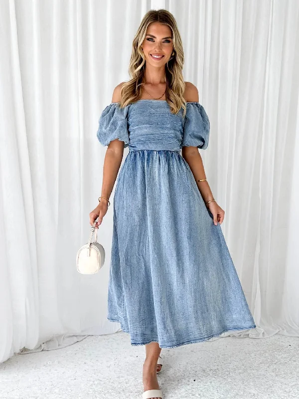 Off-Shoulder Balloon Sleeve Denim Dress