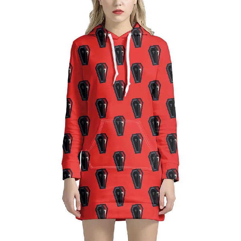 Orange Halloween Coffin Pattern Print Pullover Hoodie Dress