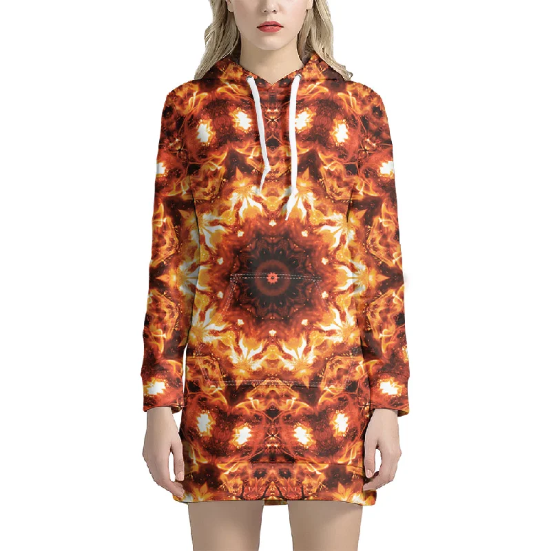 Orange Kaleidoscope Print Pullover Hoodie Dress