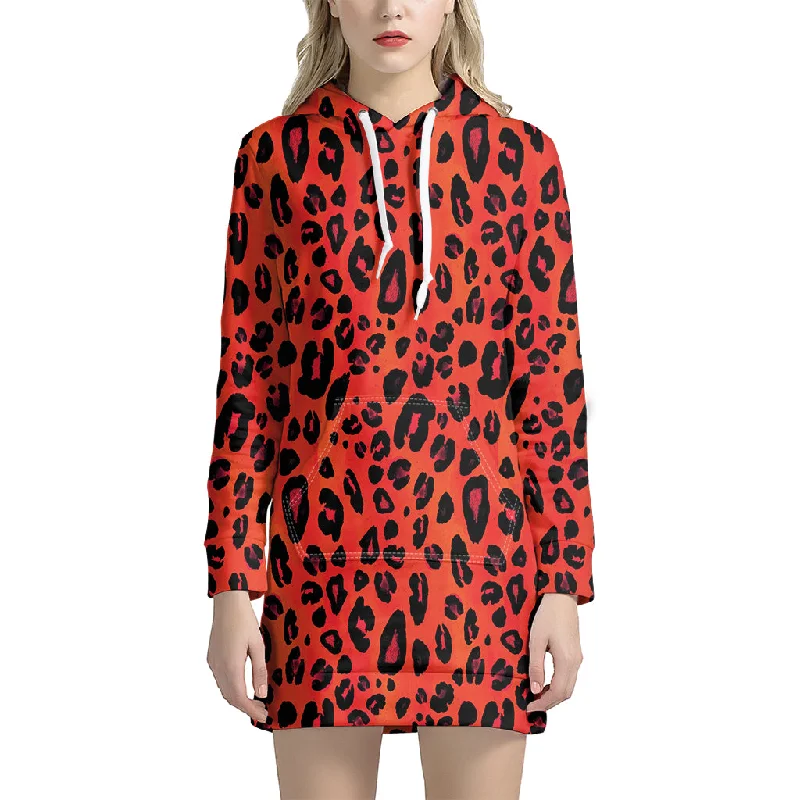 Orange Leopard Print Pullover Hoodie Dress