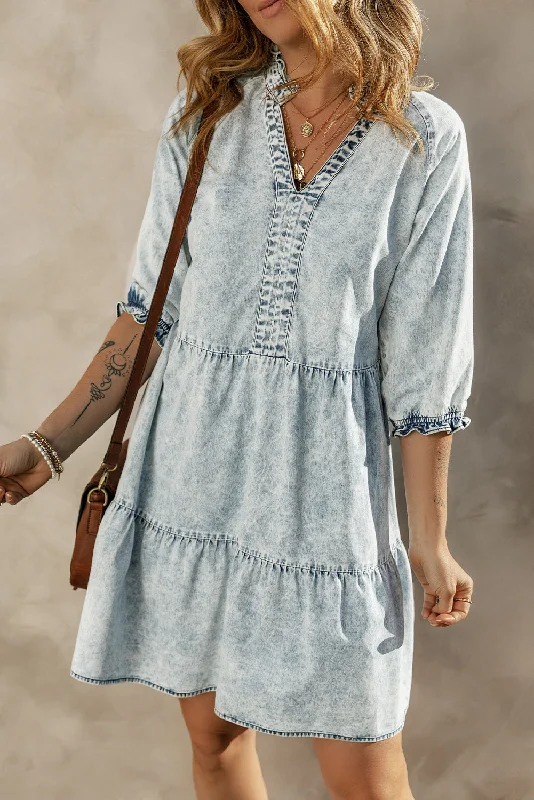 Acid Wash Retro Half Sleeve Flared Denim Dress