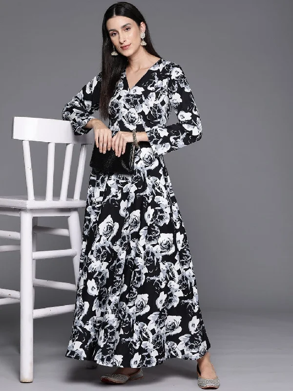 Black Floral Printed Angrakha Style Anarkali Kurta