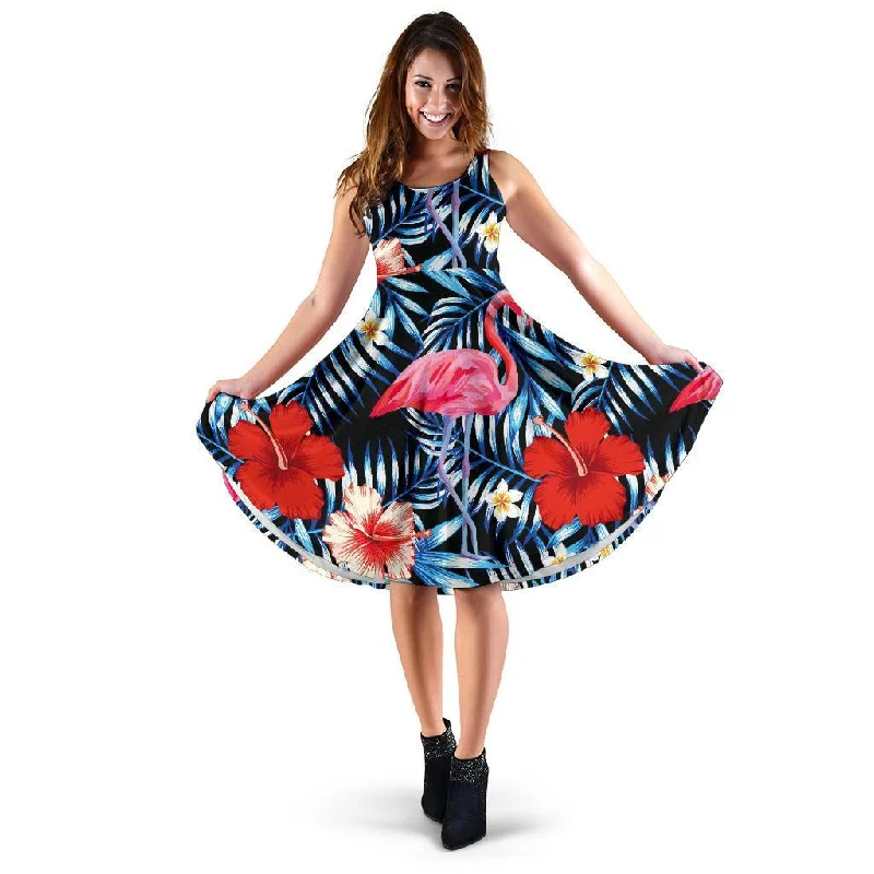 Flamingo Hawaiian Floral Tropical Flower Hibiscus Palm Leaves Pattern Print Dress