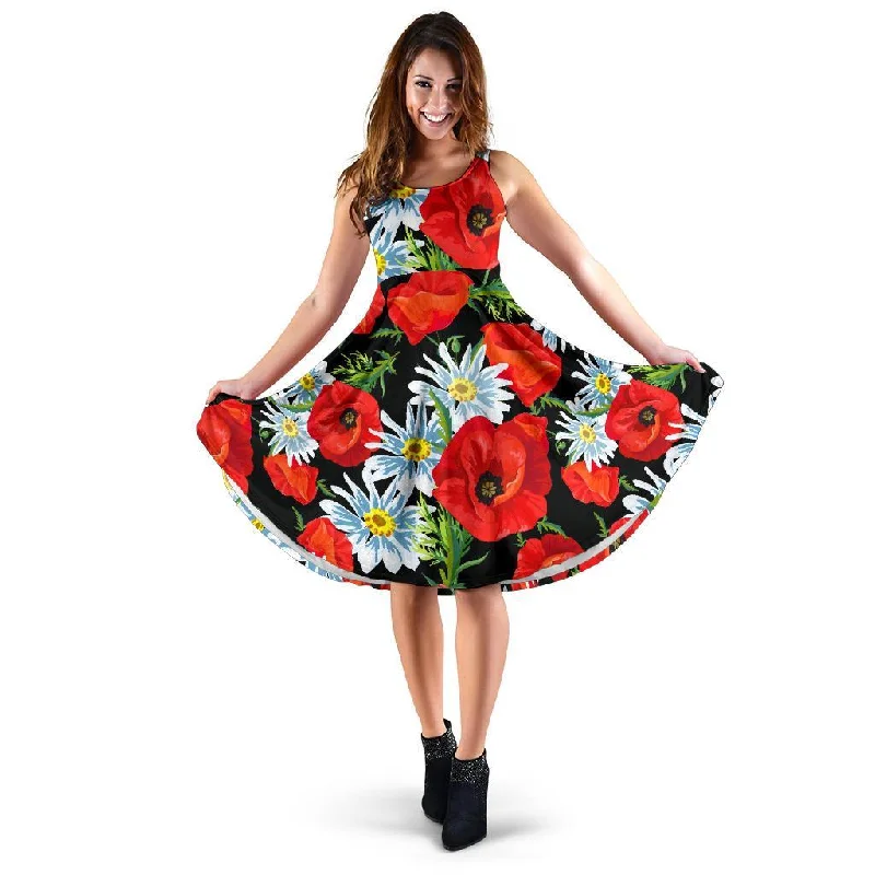 Floral Red Poppy Pattern Print Dress