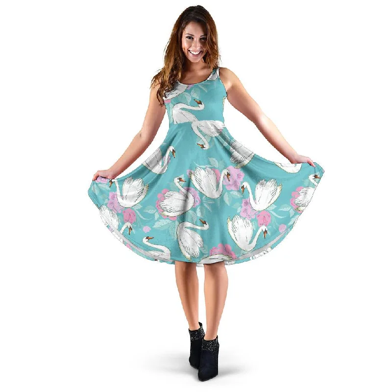 Floral Swan Pattern Print Dress