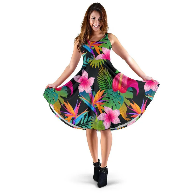 Floral Tropical Hawaiian Flower Hibiscus Palm Leaves Pattern Print Dress