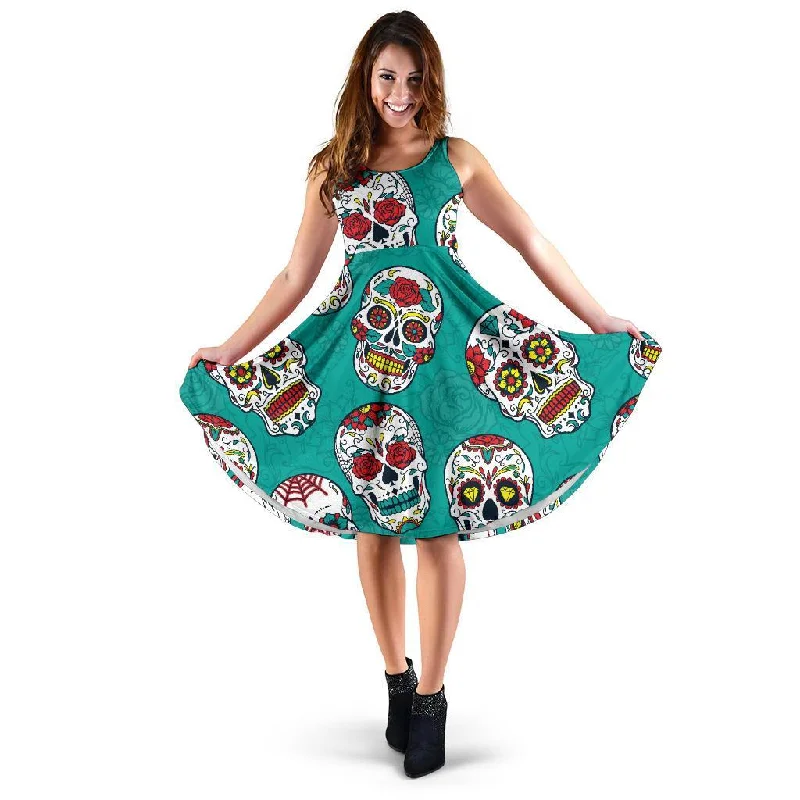 Girly Floral Rose Sugar Skull Skeleton Pattern Print Dress