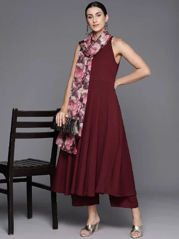 Maroon Halter Neck Anarkali Kurta Paired With Tonal Botom And Tonal Floral Printed Dupatta