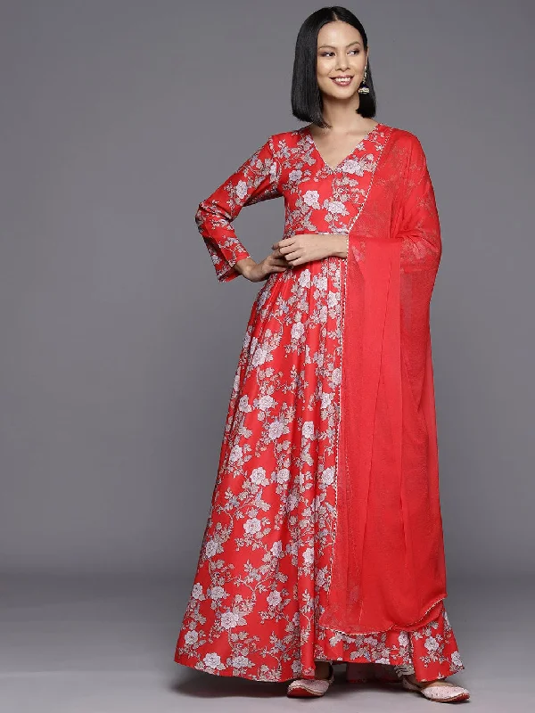 Red Floral Printed Angrakha Style Anarkali Kurta Paired With Chiffon Solid Dupatta