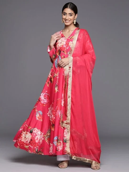 Varanga Kalini Women Pink Floral Printed Angrakha Style Anarkali Kurta Paired With Dupatta