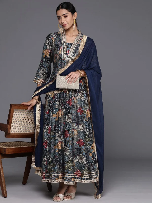 Varanga Navy Blue Floral Printed Gotta Patti Anarkali Kurta with Dupatta