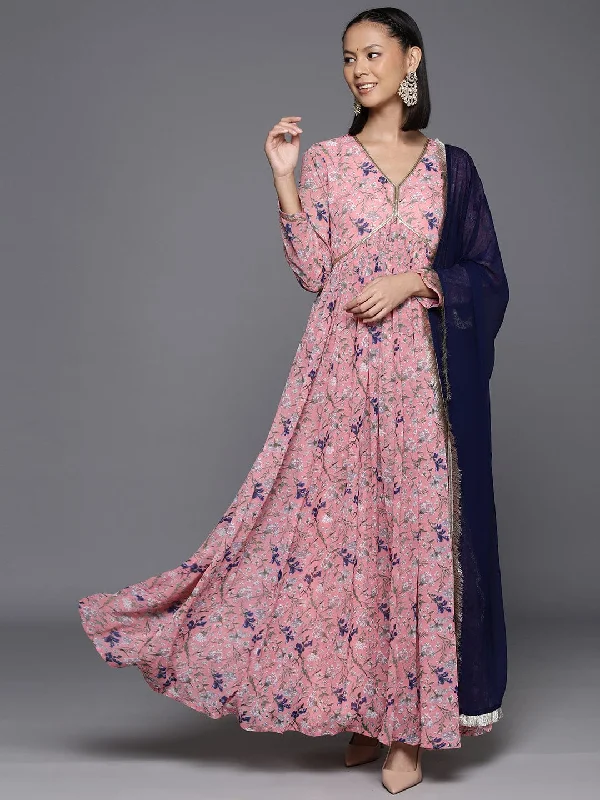 Varanga Women Pink Floral Printed V-Neck Anarkali Kurta Paired With Dupatta