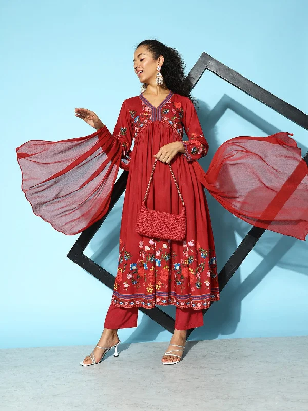 Varanga Women Red Floral Printed Anarkali Kurta Paired With Tonal Bottom And Tonal Solid Chiffon Dupatta