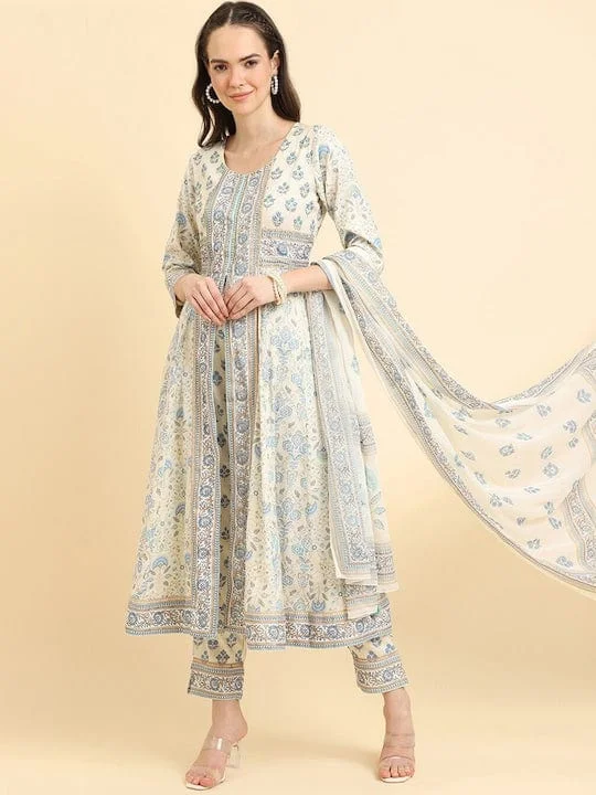 Varanga Women White & Blue Floral Print Anarkali Kurta With Tonal Bottom And Dupatta