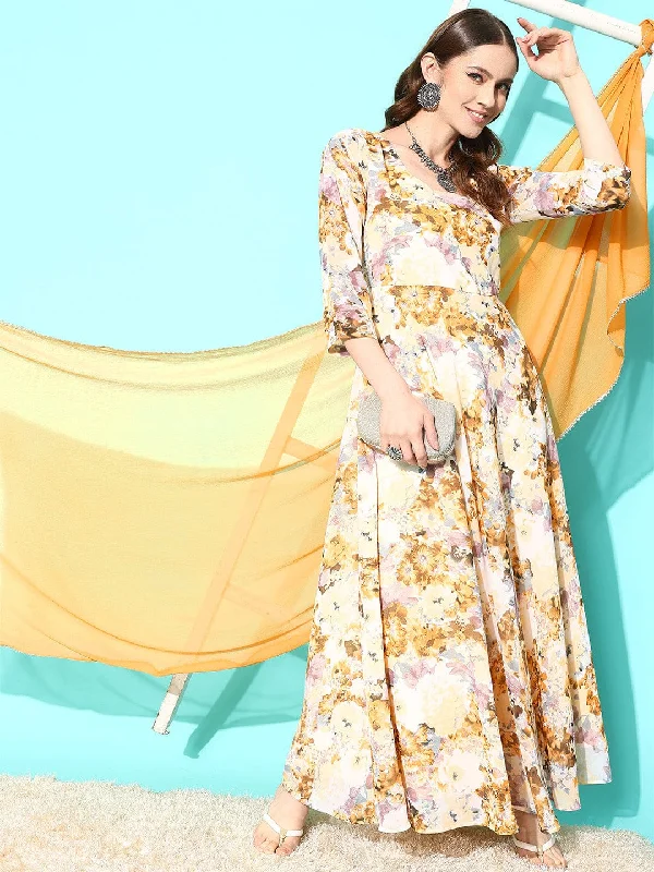 Varanga Yellow Floral Printed Extended Sleeves Georgette Anarkali Kurta