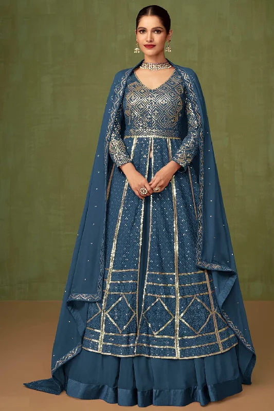 Blue  Embroidered Heavy Faux Georgette  Anarkali Suit Set