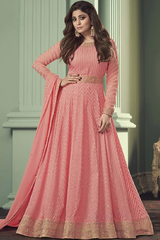 Peach Georgette Resham Embroidery Anarkali Suit Set