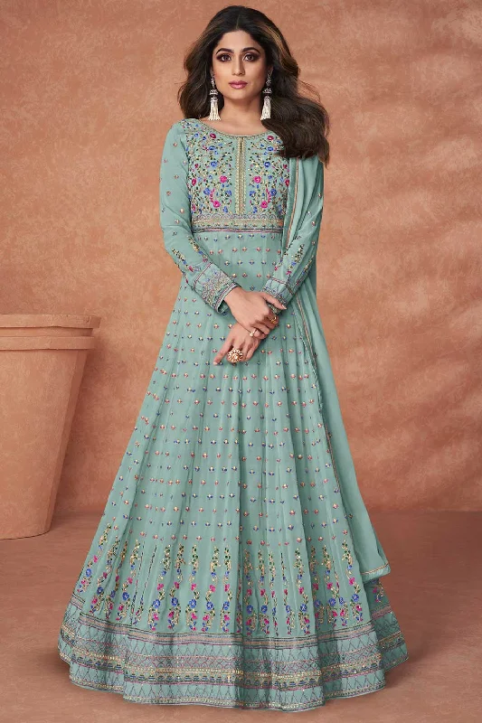 Sky Blue Georgette Multi Thread Embroidery Work Anarkali